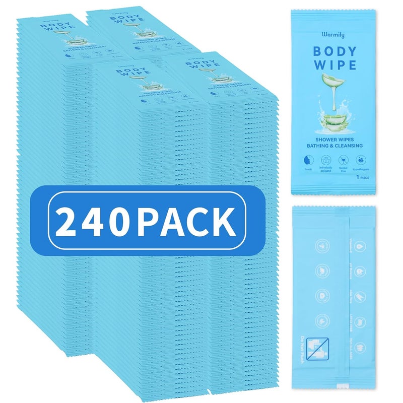 Warmify 240 Pcs Body Wipes Individually Wrapped (9.29" x 8"), Large Shower Wipes for Adults Bathing No Rinse, Portable Personal Cleansing for Gym, Camping, Hiking, Backpacking,Bulk Homeless Supplies - Image 1